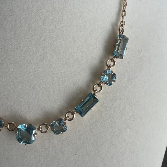 New Ralph Lauren Aqua Pale Blue Baguette Jewel Frontal Gold Tone Chain Necklace - Picture 6 of 9